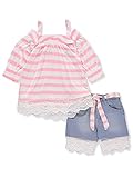 U.S. Polo Assn. Little Girls' Fashion Top and Short Set, Striped Jersey Lace Trim Midi Short Multi, 6