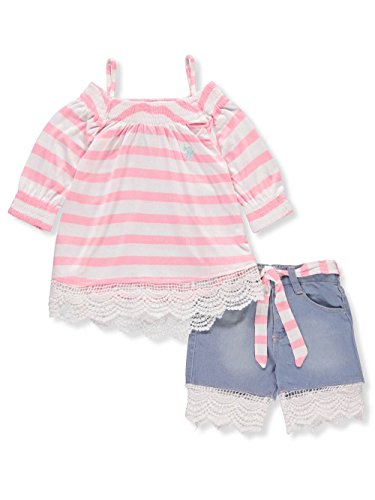 U.S. Polo Assn. Little Girls' Fashion Top and Short Set, Striped Jersey Lace Trim Midi Short Multi, 6 U.S. Polo Assn. Little Girls' Fashion Top and Short Set, Striped Jersey Lace Trim Midi Short Multi, 6