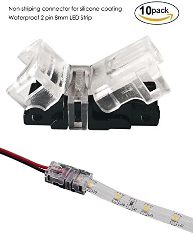 Non-stripping LED Strip Connector for Waterproof 8mm Wide 3528 Single Color LED Strip Light, Connect 2pin 8mm Strip to Wire, 22-18 AWG Wire Supported, Pack of 10