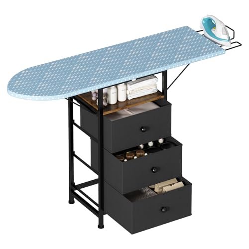 Uzelia Tabla de Planchar Plegable, 110×29×75cm, Burro de Planchar con Soporte para Plancha y Tres Cajones, Estructura de Hierro Más Estable, Adecuado para Salas de Estar, Dormitorios y Lavaderos