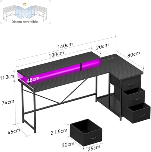 FURRIFIC Tipo de L Escritorio Gamer, Escritorio Minimalista con Cajón de Tela, Regleta, Regleta de luz y Soporte para Monitor