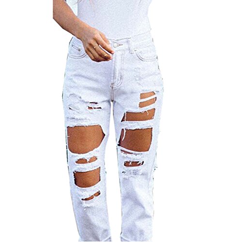 Happyear Women Hole Jeans High Waist Ripped Denim Skinny (S, White)