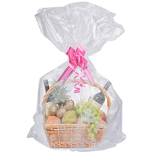 SelfTek 20 Pack Clear Basket Bags Cellophane Wrap Bags,with 20 Pack Bows Ribbon (Random Two Colors) for Gifts and Baskets,Wrapping,Arts & Crafts,Treat,32 by 22 Inches - Thumbnail 3