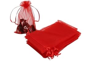 HRX Package 100pcs Organza Bags,4 x 6 inches Christmas Wedding Favors Christmas Gift Drawstring Bags Jewelry Pouches (Red)