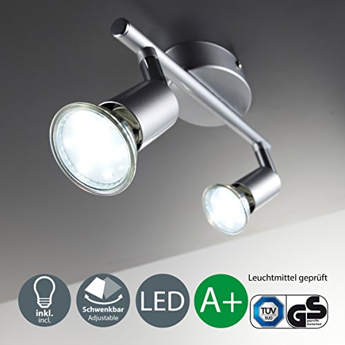 Plafonnier 2 spots pivotants avec 2 ampoules led GU10 I lampe moderne I éclairage intérieur I luminaire en métal I lumière blanche et chaude I chambre salon cuisine salle à manger I 230 V I IP20 I 2 x 3 W
