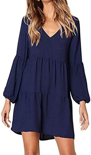 kenoceWomen Casual Polka Dot V Neck Long Sleeve Swing Dress Pleated Ruffle Tunic T-Shirt Dress Plain Loose Mini Dresses