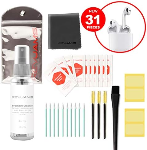 RevJams 31pc Cleaning Kit for Apple AirPods, Pro, AirPods 2 - Includes Exclusive, Safe Antibacterial Cleaning Solution, Microfiber Cloth, Safe Brushes, Dust Stickers, Swabs, and More, Improved