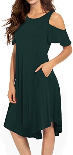CPOKRTWSO Women's Cold Shoulder Casual Midi Dresses Loose Short Sleeve Swing Dress with Pockets