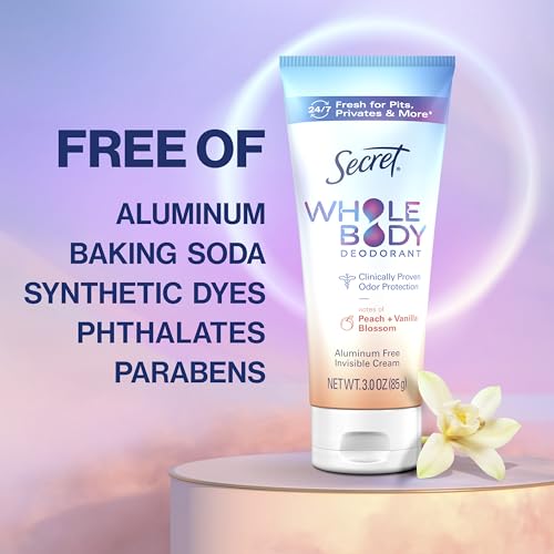 SECRET WHOLE BODY DEODORANT CREAM FOR WOMEN, PEACH & VANILLA BLOSSOM SCENT, ALUMINUM FREE DEODORANT, 72 HR ODOR PROTECTION, 3.0 OZ