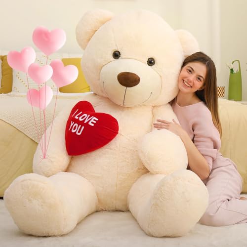 MorisMos 130 cm Giant Plush Bear with I Love You, XXL Ivory Plush Teddy Bear Large Soft Teddy Bear Gift for Baby Girlfriend Her Birthday Decorations