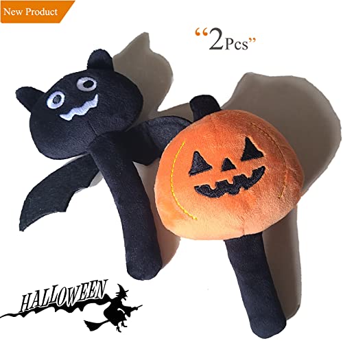 Halloween Dog Toys for Small Dog, 2pcs Dog Teething Toys for Puppy Aggressive Chewer, in Cute Pumpkin and Bat Shaped, Soft Plush Dog Stuff Chew Toy for Puppies Playing