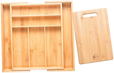 Bambooeco Bamboo Silverware Holder Drawer with Dividers and Small Bamboo Cutting Board