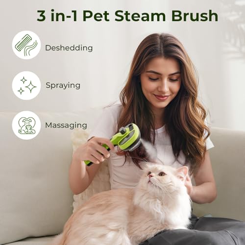 pecute Cat Steam Brush, Dog Steam Brush, Dense Mist and Fine Mist Function, No Heat, One Click Epilation, Long and Short Hair, Visible Water Tank, Green
