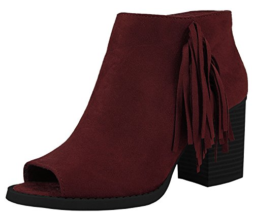 Soda Raton-S Sueded Peep Toe Fringe Western Chunky Stacked Heel Bootie (9 B(M) US, Dark Burgundy)