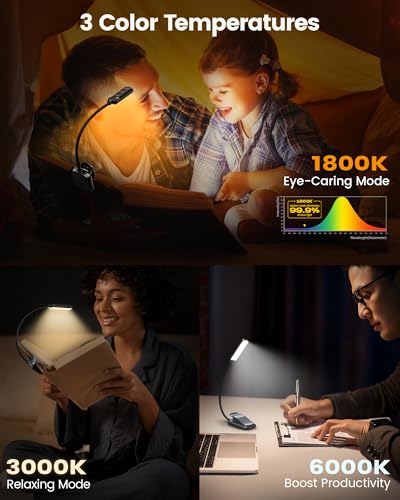 Glocusent 13 LED Book Light for Reading in Bed, Eye-Caring 3 Amber Colors & Stepless Dimming, Travel Clip on Book Reading Light Lasts 1 Week to 2 Months, Gifts for Book Lovers, Men, Women & Kids