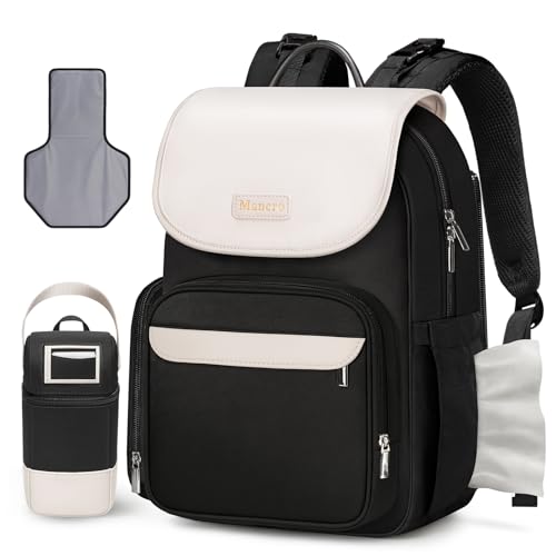 Mancro Small Diaper Bag Backpack with Changing Pad, Stylish Diaper Bag with Insulated Bottle Pocket, Water Resistant Baby Bags for Mom for Travel with Stroller Straps, Black-White