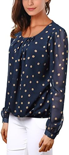 MeiC Women's Scoop Neck Long Sleeve Chiffon Blouse Top Medium Navy Polka Dot