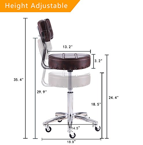 Rfiver 13.2inch Seat Cushion Ergonomic PU Leather Adjustable Rolling Office Work Stool Chair Swivel Home Desk Chairs with Backrest and Chrome Metal Base in Brown SC1003-2