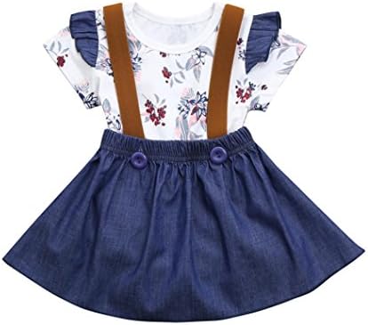 Funic Infant Baby Girls Floral Print Rompers Jumpsuit Strap Denim Skirt Outfits Set