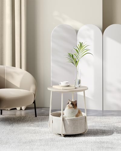 VASAGLE LILEA Collection - Small Round Side End Table, Modern Nightstand with Fabric Basket, Cream White ULET223K67