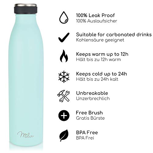 Milu Edelstahl Trinkflasche 350ml 500ml 750ml 1L 1,5L Thermosflasche, Isolierte Wasserflasche, Auslaufsichere Isolierflasche doppelwandig, Kohlensäure geeignet inkl. Reinigungsbürste (Mint, 1000ml) – Bild 3
