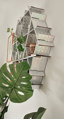 Hexagon Floating Shelves, Bookcase, Hanging Bookshelf, Living Room Storage, Small Bookshelf - Ruche Shelving Unit Medium- Cardboard unicorn silver finish