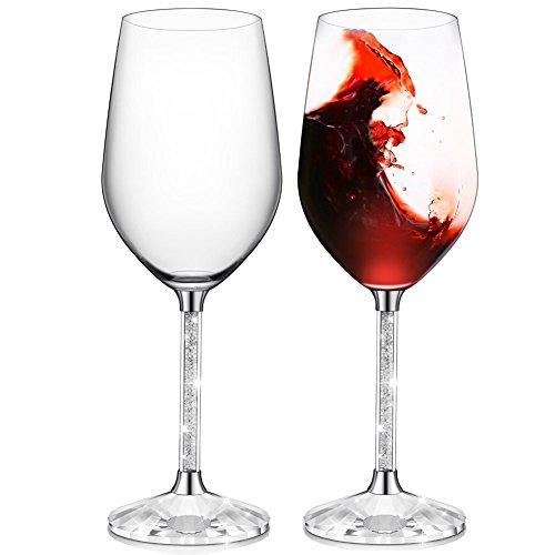 IFOLAINA Red Wine Glasses Lead Free 15oz Set of 2 with Clear Long Crystal Diamond Stem - Birthday, Anniversary or Wedding Gifts