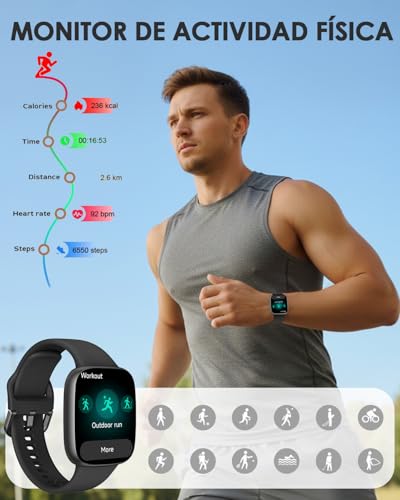 E T EASYTAO Smartwatch, Pantalla AMOLED de 1.85", Resistencia al Agua 3 ATM, Llamadas Bluetooth, Reloj Inteligente Hombre, 100+ Modos de Entrenamiento, Control por Voz, Negra