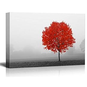 Canvas Wall Art - Pop Color of Red Tree on Black and White Landscape - Giclee Print Gallery Wrap Modern Home Art Ready to Hang - 12x18 inches