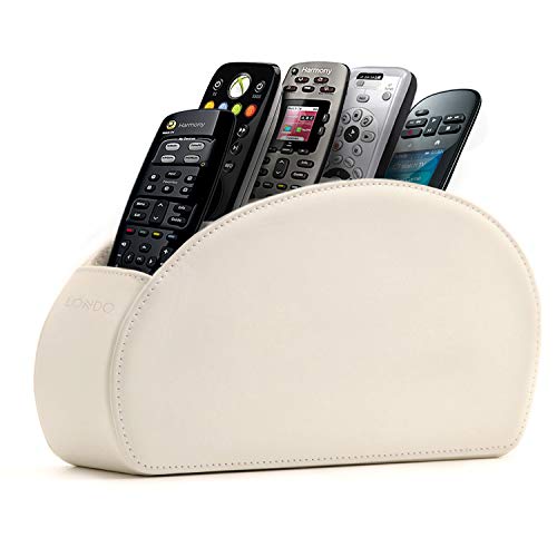 Londo Remote Control Holder with 5 Pockets - Store DVD, Blu-Ray, TV, Roku or Apple TV Remotes - PU Leather with Suede Lining - Slim, Compact Living or Bedroom Storage - White