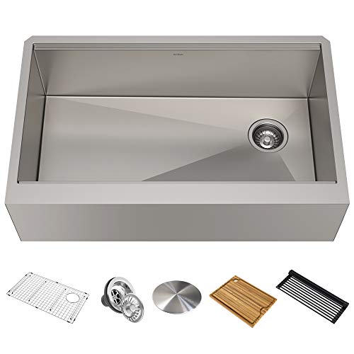 KRAUS KWF410-33 Kore Workstation 33-inch Farmhouse Flat Apron Front 16 Gauge Single Bowl Stainless Steel Kitchen Sink with Integrated Ledge and Accessories (Pack of 5)