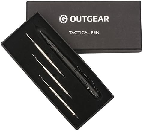 Outgear Tactical Pen, Self-defense Weapon with Tungsten Steel Tip for Glass Breaking, Black Ink Ballpoint Pen, Made from Zinc Alloy, with 3 Ink Refills