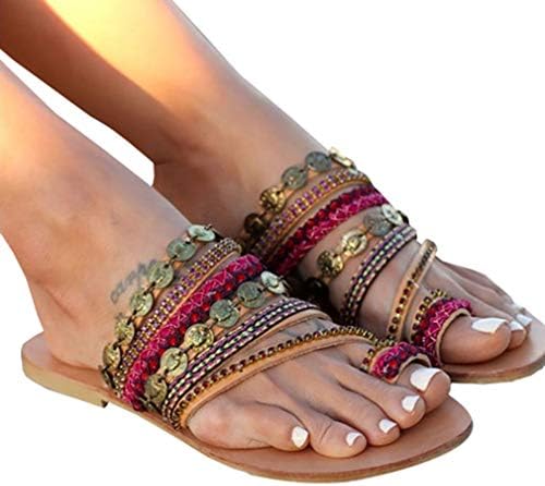 Womens Bohemian Sandals Round Toe Open Toe Beach Sandals Retro Fashion Summer Flat Shoes for Party Seaside Wedding Vacation