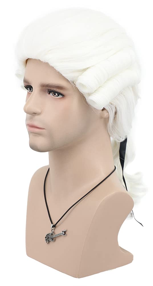 VGbeaty Man Colonial Judge Wig Long Curly White Wig Halloween Costume Cosplay Wig