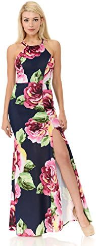 TwinMod Floral Halter Top Open Back Thigh Slit Prom Party Bridesmaid Dress (MEDIUM, NAVY)