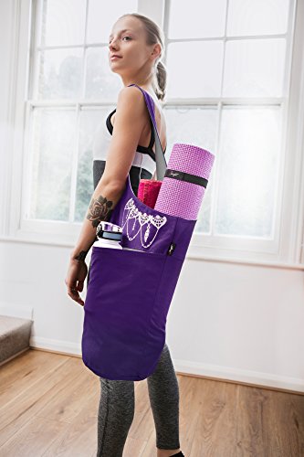 Zenifit Yoga Mat Bag - Elegant & Embroidered Cotton Tote With 2 Pockets | Wide Sling Carrier With Long Strap & 2 Elastic Mat Bands (Imperial Purple & Ash Gray