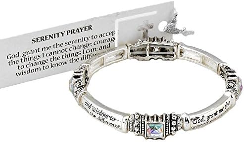 Modern Gems Serenity Prayer Recovery Stretch Bracelet Silver Tone with Aurora Borealis Crysta