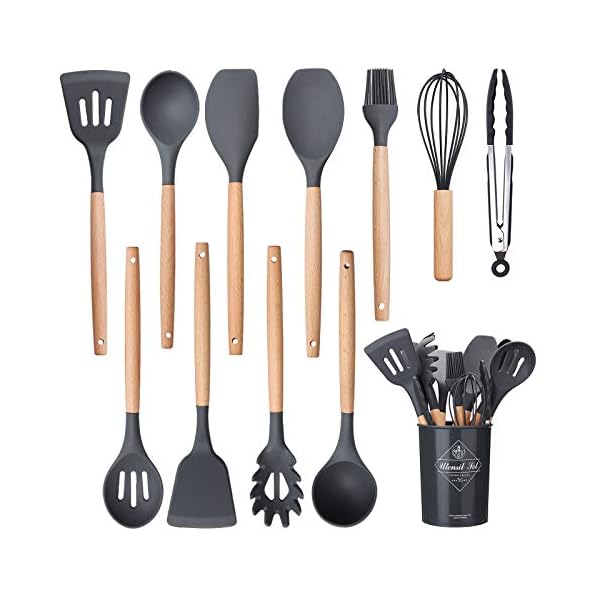 Kitchen-Utensil-Set-Cooking-Silicone-Utensil-Set-with-Holder-Heat-Resistant-Cooking-Tools-Turner-for-Baking-Non-Scratch-Non-Stick-BPA-Free-Cooking-Accessories-Gadgets-Tools-Grey-12-Pcs Kitchen Utensil Set Cooking Silicone Utensil Set with Holder Heat Resistant Cooking Tools Turner for Baking Non-Scratch…