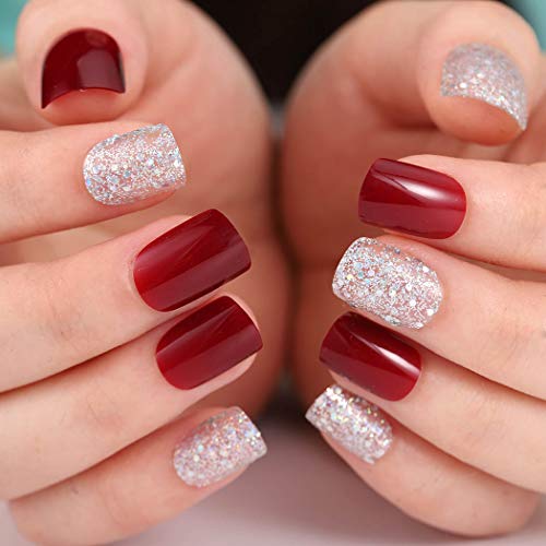 Mosako Red Press On Nails Short Square Fake Nails Glitter Glossy False Nails Tips Sparkle Gel