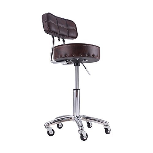 Rfiver 13.2inch Seat Cushion Ergonomic PU Leather Adjustable Rolling Office Work Stool Chair Swivel Home Desk Chairs with Backrest and Chrome Metal Base in Brown SC1003-2 - Thumbnail 6