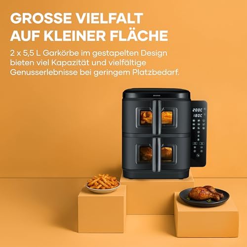 Duo Stack Heißluftfritteuse, 2 x 5,5 L Garraum, 2 Kammern, gesundes Kochen, 9 Automatik-Programme, Fritteuse ohne Fett, platzsparendes Design, doppelstöckig, S-Fry, 2800 W, schwarz, FR 9598