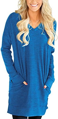 Womens Casual V-NECK Long Sleeves Pocket Solid Color Sweatshirt Tunics Blouse Tops