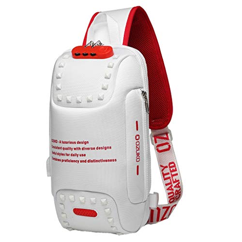 Men Anti Theft Travel Sling Bag,Crytech Fashion Letter Print Rivet Waterproof Shoulder Chest Backpack With Password Lock Usb Charging Port Outdoor Casual Crossbody Daypack For Women (White)