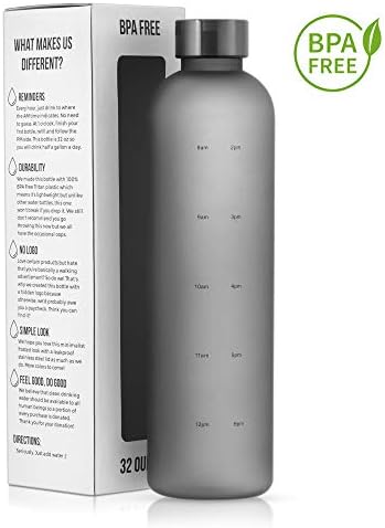 Motivational Water Bottle with Time Marker Reminder, BPA Free Frosted Tritan Plastic, Leakproof and Drop Resistant, 1 Liter 32 Oz