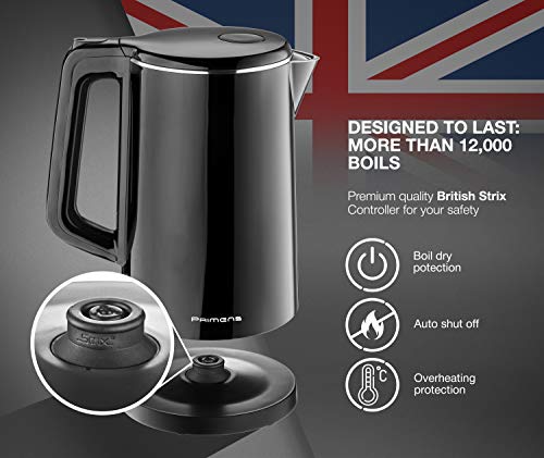 Premium Cordless Hot Water Electric Tea Kettle - Automatic Shut Off - Double Wall Cool Touch - Water Heater Boiler, Fast Boil - Portable Kettle - British Strix Сontroller