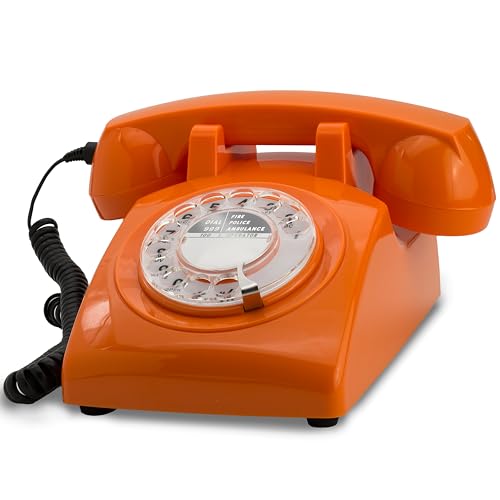 Rotary Retro Phone with Opis Technology Logo/Old Fashioned Dial Telephone/Classic Landline/Home Telephones/Antique Look Desk Phone - The 60s Cable by Opis Technology (Orange)