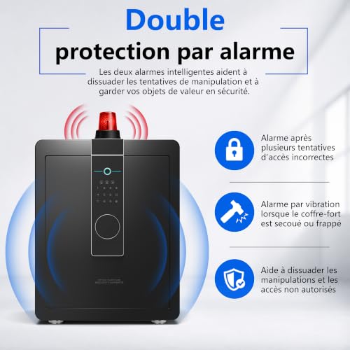 22 kg Heavy Duty Steel Safe 52 L Electronic Safe with Footprint, Digital Code and Key for Home and Office, Ideal for Jewellery, Money and A4 Documents, Instructions in French (Black, 52L)