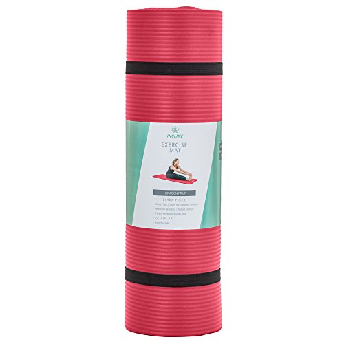 Incline Fit Extra Thick Exercise Mat w/Carrying Strap - Non Slip & Comfortable Workout Mat for Yoga, Pilates, Stretching, Meditation, Floor & Fitness Exercises, Dragon Fruit