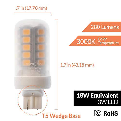 Newhouse Lighting T5 LED Bulb Halogen Replacement Lights, 3W (18W Equivalent), Wedge Base, 280 lm, 12V, 3000K, Non-Dimmable