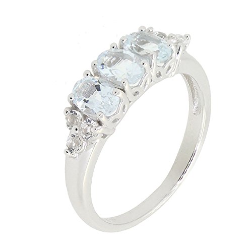 Sterling Silver Genuine Natural Aquamarine & White Topaz Three Stone Ring (1 1/5 CT.T.W)